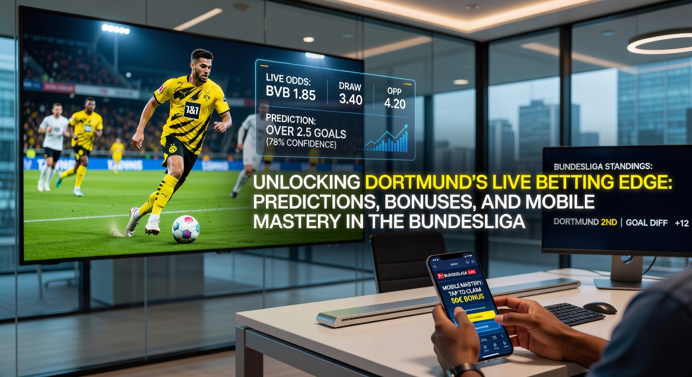 Mobile App mit Live-Wetten-Interface während eines Borussia Dortmund Bundesliga-Spiels